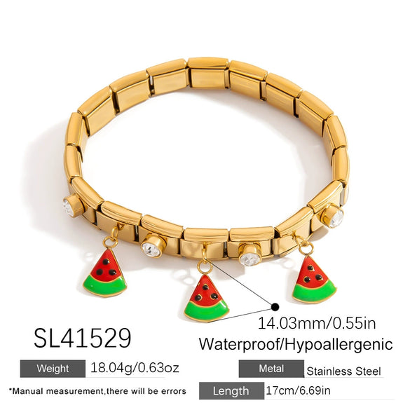 Wholesale Retro Fashion Elegant Unisex Fruit Pattern Square Strawberry Oil Drop Pendant Stainless Steel Electroplated Bracelet
