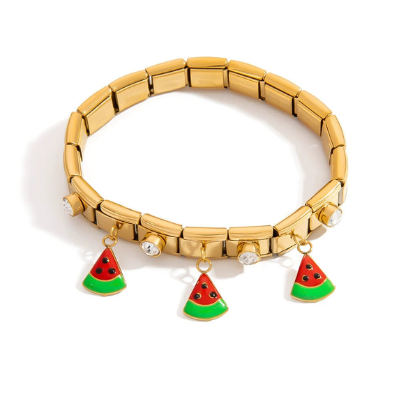 Wholesale Retro Fashion Elegant Unisex Fruit Pattern Square Strawberry Oil Drop Pendant Stainless Steel Electroplated Bracelet