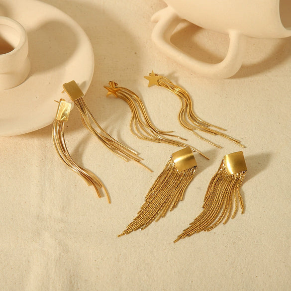 Wholesale Retro Fashion Geometric Tassel Earrings For Women Stainless Steel 18K Goldplated