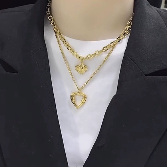 Wholesale Retro Fashion High End Simple Multi Layer Titanium Steel Chain With Hollow Heart Pendant And Electroplating Treatment