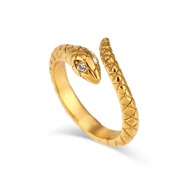 Wholesale Retro Fashion Open Snake Ring In Stainless Steel With Gold Plated Electroplating And White Diamond Eye Plaid Geometric Design For Women