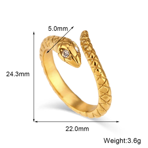 Wholesale Retro Fashion Open Snake Ring In Stainless Steel With Gold Plated Electroplating And White Diamond Eye Plaid Geometric Design For Women