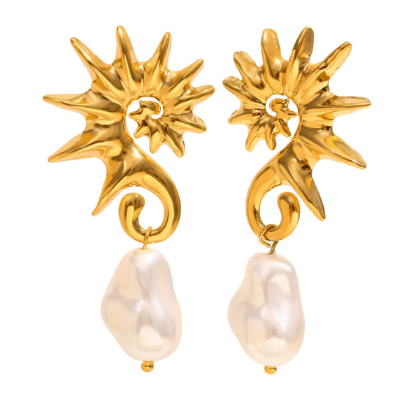 Wholesale Retro Fashion Seahorse Baroque Pearl Earrings Stainless Steel Electroplated 18K Gold