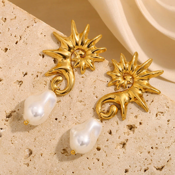 Wholesale Retro Fashion Seahorse Baroque Pearl Earrings Stainless Steel Electroplated 18K Gold