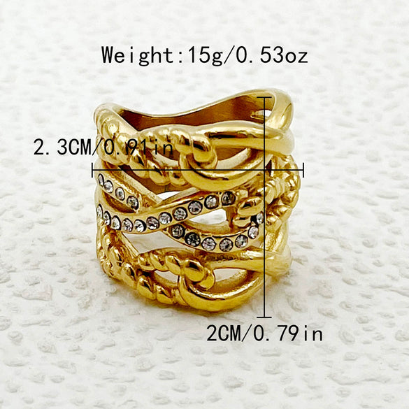 Wholesale Retro Fashion Stainless Steel Zircon Ring With Cross Winding Twist Design And Electroplating Treatment
