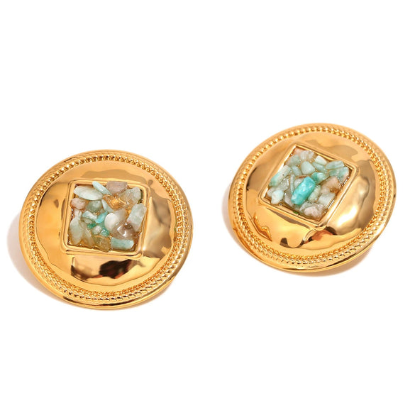 Wholesale Retro Fashionable Geometric Round Gravel Earrings For Women Stainless Steel 18K Gold Plated
