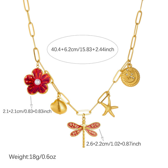 Wholesale Retro Floral Goldplated Stainless Steel Dragonfly Starfish And Butterfly Insect Pendant Jewelry Set For Women