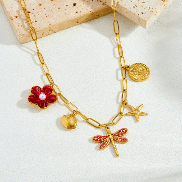 Wholesale Retro Floral Goldplated Stainless Steel Dragonfly Starfish And Butterfly Insect Pendant Jewelry Set For Women