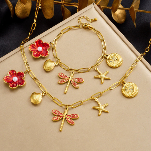 Wholesale Retro Floral Goldplated Stainless Steel Dragonfly Starfish And Butterfly Insect Pendant Jewelry Set For Women