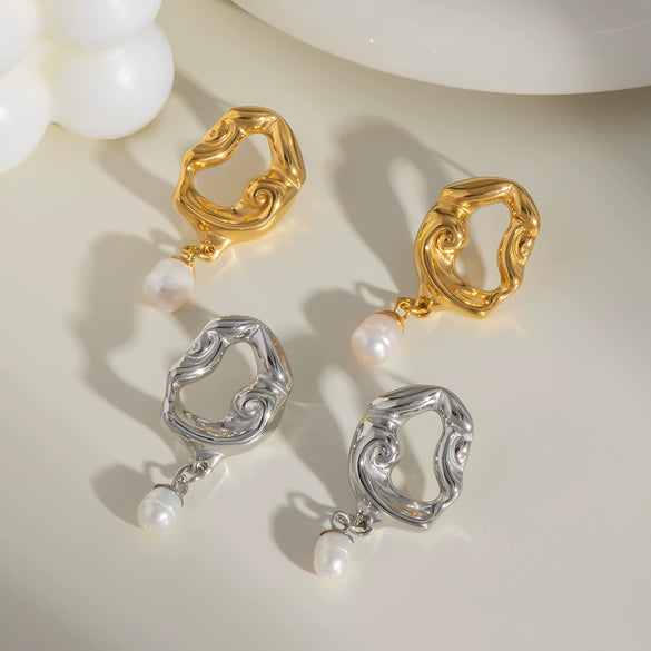 Wholesale Retro Freshwater Pearl Pendant Earrings For Women Light Luxury Hollow Distinctive Stainless Steel Pvd Furnace Vacuum Real Gold Plated