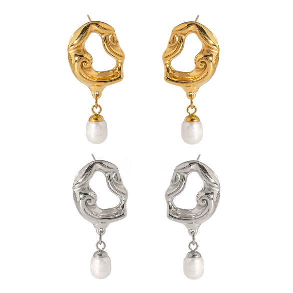 Wholesale Retro Freshwater Pearl Pendant Earrings For Women Light Luxury Hollow Distinctive Stainless Steel Pvd Furnace Vacuum Real Gold Plated