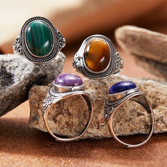 Wholesale Retro Gem Ring In Natural Color With Malachite And Tiger Eye S925 Sterling Silver Geometric Pattern Set With Gemstones For Women