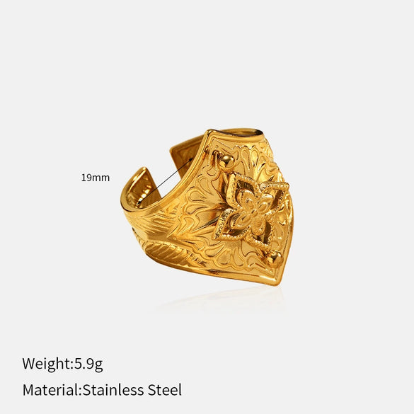 Wholesale Retro Geometric And Flower Patterned Stainless Steel Electroplated Adjustable Unisex Rings