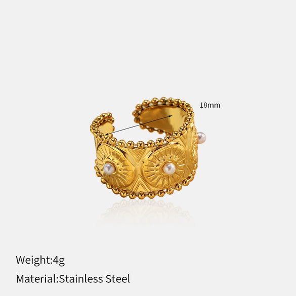 Wholesale Retro Geometric And Flower Patterned Stainless Steel Electroplated Adjustable Unisex Rings