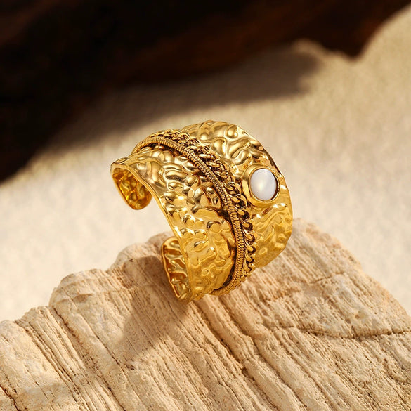 Wholesale Retro Geometric And Flower Patterned Stainless Steel Electroplated Adjustable Unisex Rings