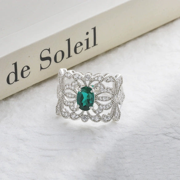 Wholesale Retro Geometric Cultivated Emerald S925 Sterling Silver Ring Set With Diamonds For Women