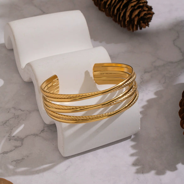 Wholesale Retro Geometric Electroplated Stainless Steel Multilayered Open Bracelet Jewelry For Girls