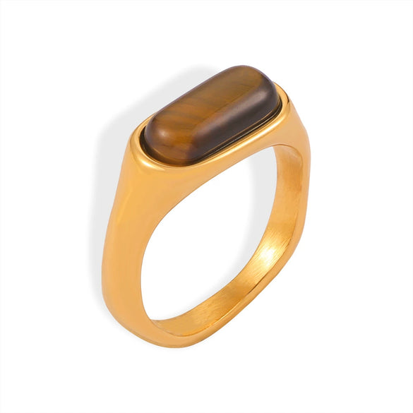Wholesale Retro Geometric Jewelry Inlaid Tiger's Eye 316L Stainless Steel Goldplated Ring For Women