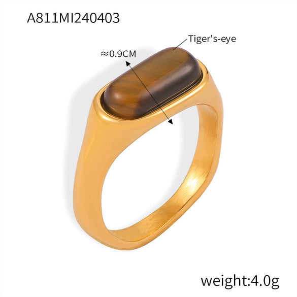 Wholesale Retro Geometric Jewelry Inlaid Tiger's Eye 316L Stainless Steel Goldplated Ring For Women