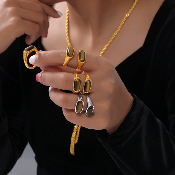 Wholesale Retro Geometric Jewelry Inlaid Tiger's Eye 316L Stainless Steel Goldplated Ring For Women