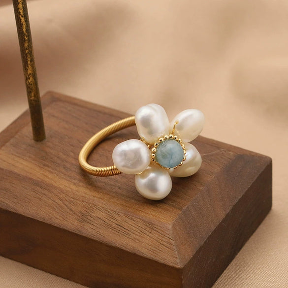 Wholesale Retro Geometric Natural Pearl Flower Winding Opening Ring For Women