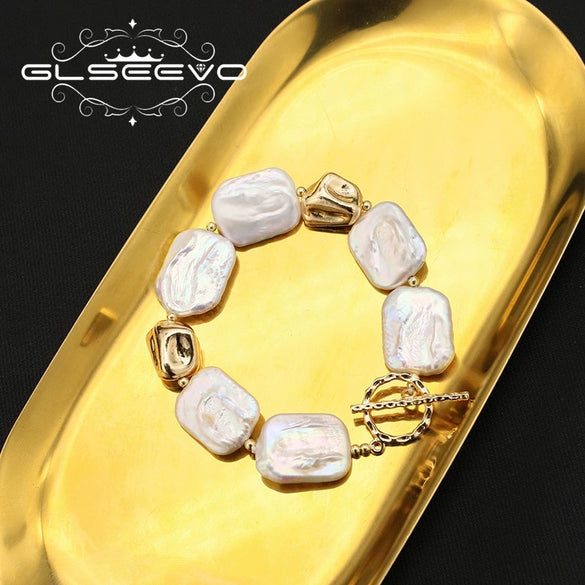 Wholesale Retro Geometric Natural Pearl Square Bracelet Electroplated With Real Gold For Women