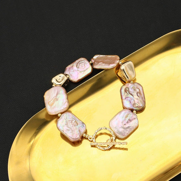 Wholesale Retro Geometric Natural Pearl Square Bracelet Electroplated With Real Gold For Women