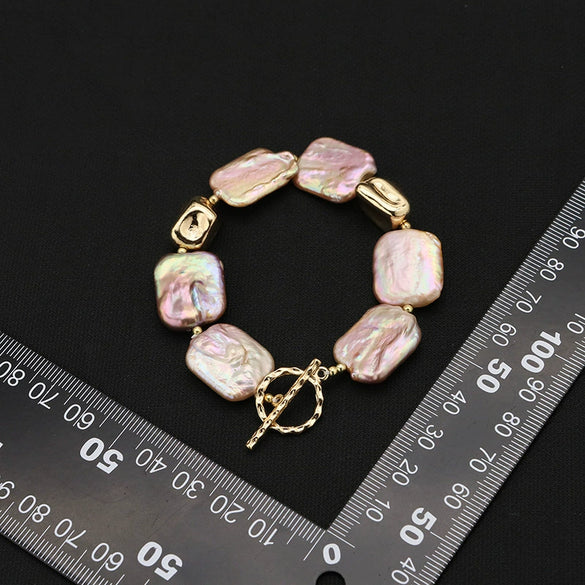 Wholesale Retro Geometric Natural Pearl Square Bracelet Electroplated With Real Gold For Women