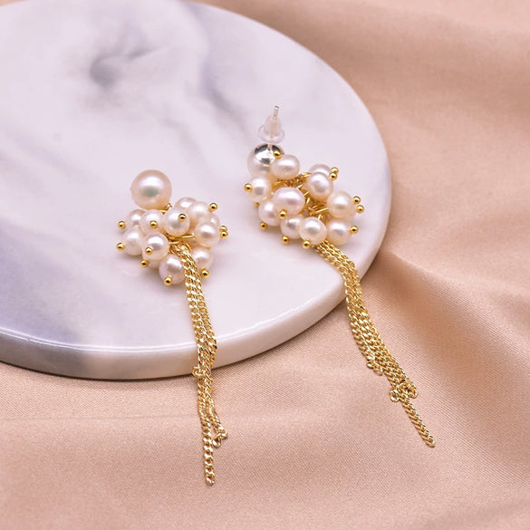 Wholesale Retro Geometric Natural Pearl 925 Sterling Silver Tassel Earrings With Electroplating