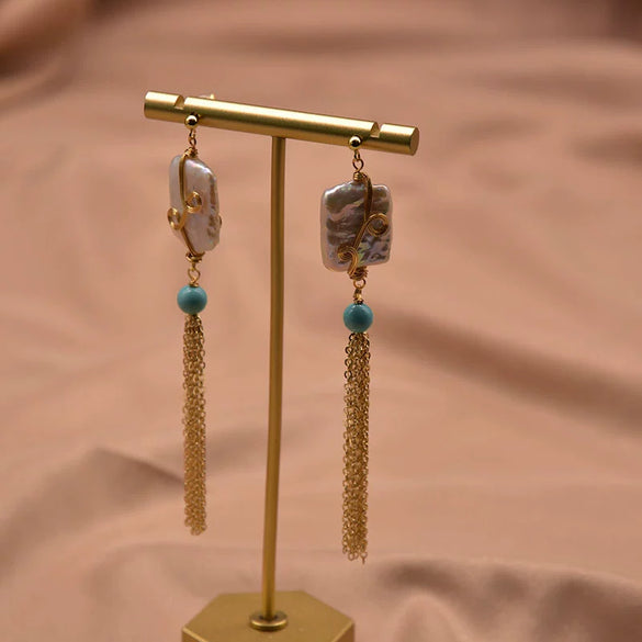 Wholesale Retro Geometric Natural Pearl 925 Sterling Silver Tassel Earrings With Electroplating