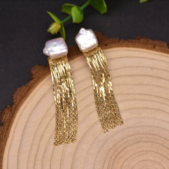 Wholesale Retro Geometric Natural Pearl 925 Sterling Silver Tassel Earrings With Electroplating