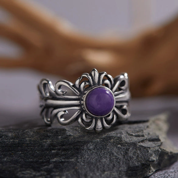 Wholesale Retro Geometric S925 Sterling Silver Natural Colored Gemstone Open Ring Set With Precious Stones