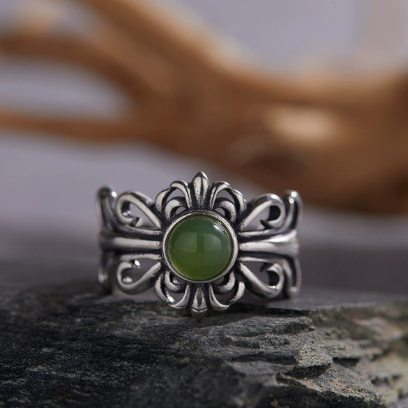 Wholesale Retro Geometric S925 Sterling Silver Natural Colored Gemstone Open Ring Set With Precious Stones