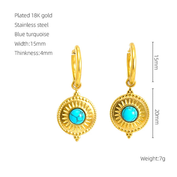 Wholesale Retro Geometric Stainless Steel Earrings For Women With Blue Turquoise And Electroplating