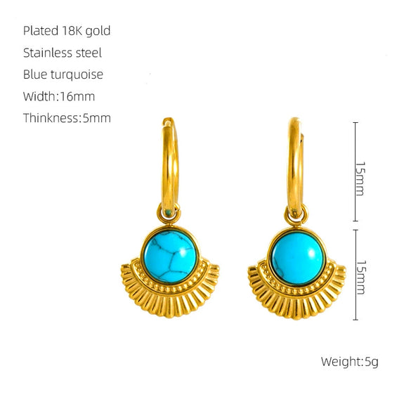 Wholesale Retro Geometric Stainless Steel Earrings For Women With Blue Turquoise And Electroplating