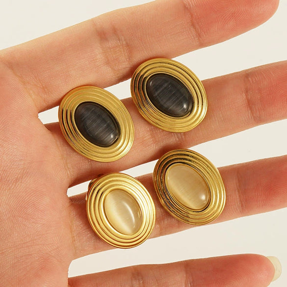 Wholesale Retro Geometric Stainless Steel Electroplated Natural Stone Earrings