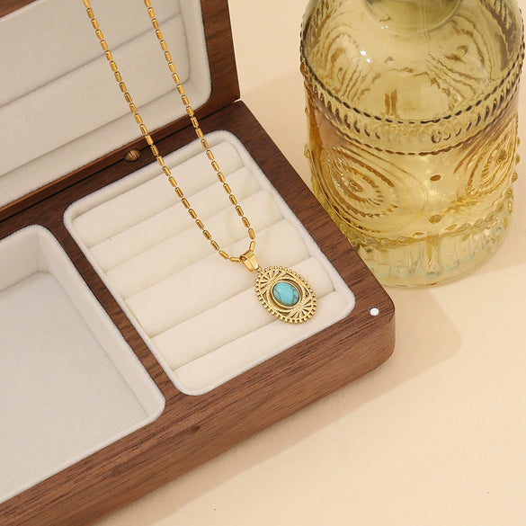 Wholesale Retro Geometric Stainless Steel Natural Stone Pendant Jewelry