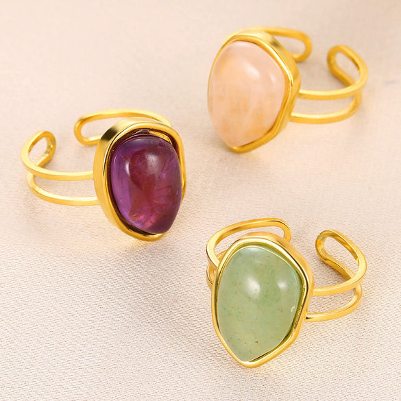 Wholesale Retro Geometric Stainless Steel Ring With Natural Stone And Electroplating