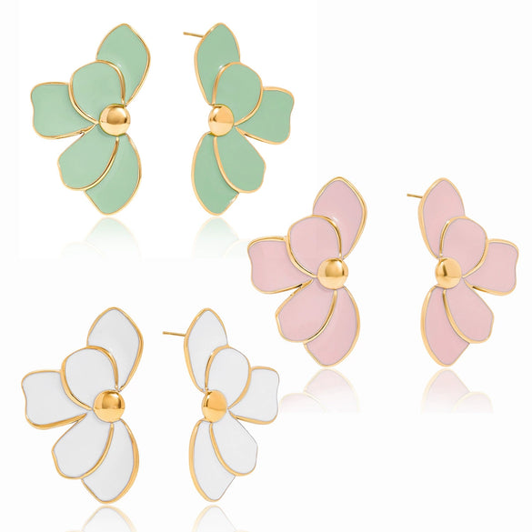 Wholesale Retro Geometric Stainless Steel White Oil Drop Flower Earrings With Electroplating For Women