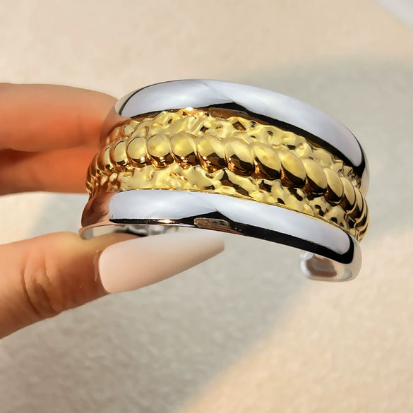 Wholesale Retro Geometric Stainless Steel Wide Bracelet Electroplated Gold And Silver Color Matching Nonfading Jewelry