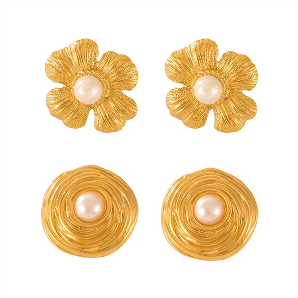 Wholesale Retro Geometric 316L Stainless Steel Gold Plated Bead Inlaid Round Flower Shape Earrings For Women