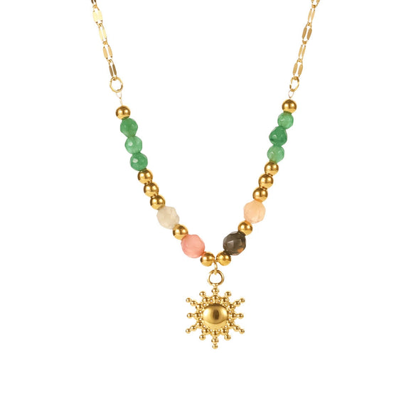 Wholesale Retro Handmade Titanium Steel Cat's Eye Stone Sun Pendant Necklace With Geometric Pattern For Women