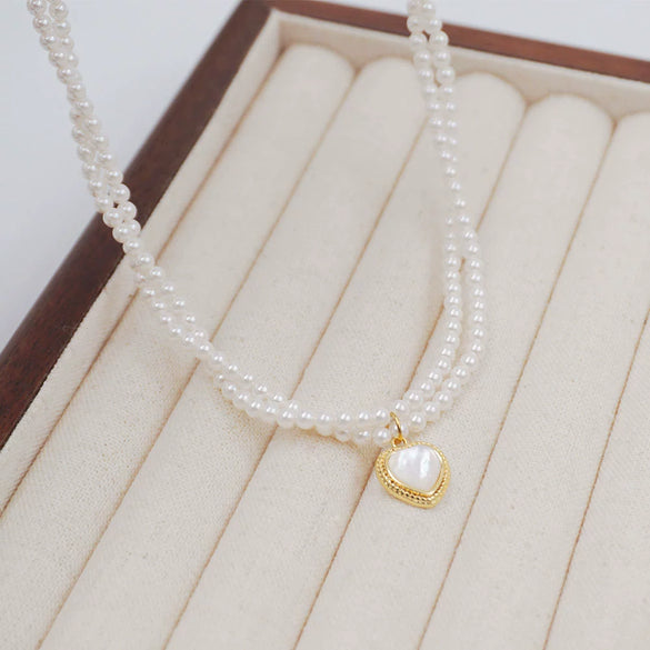 Wholesale Retro Heartshaped And Ushaped Pendant Imitation Pearl And Alloy Doublelayer Necklace Handmade For Women