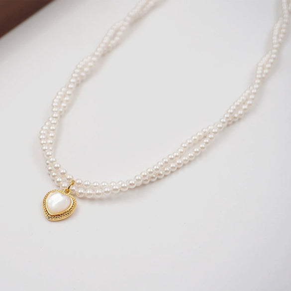 Wholesale Retro Heartshaped And Ushaped Pendant Imitation Pearl And Alloy Doublelayer Necklace Handmade For Women