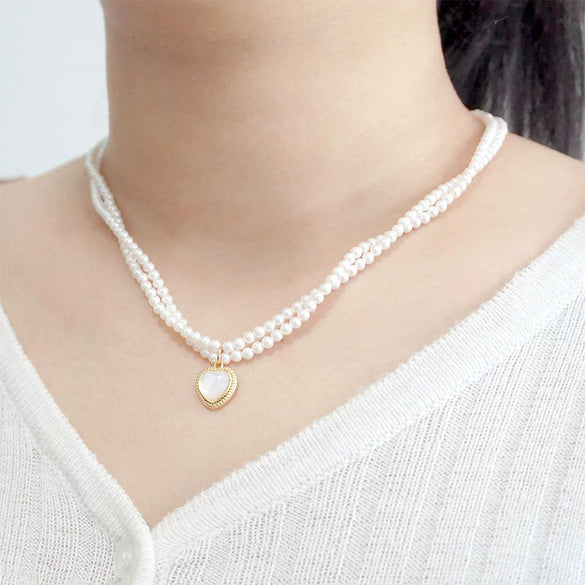 Wholesale Retro Heartshaped And Ushaped Pendant Imitation Pearl And Alloy Doublelayer Necklace Handmade For Women