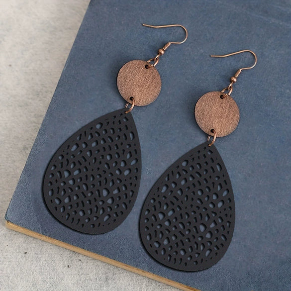 Wholesale Retro Hollow Spider Web Stitching Leather Drop Shape Women's Earrings