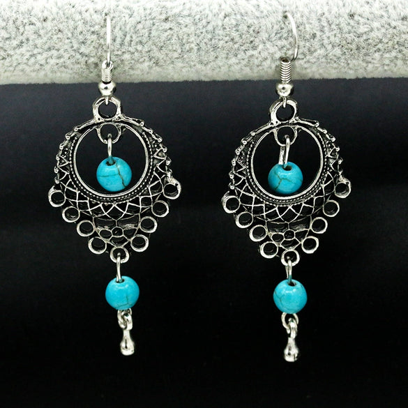 Wholesale Retro Hollow Turquoise Water Drop Earrings With Bohemian Tassels Alloy Electroplated Jewelry For Women