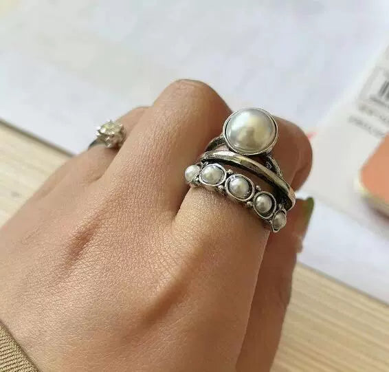 Wholesale Retro Imitation Pearl Opening Ring With Geometric Pattern For Women