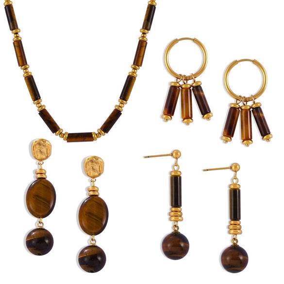 Wholesale Retro Jewelry Set With Tiger Eye Stone Beaded Design Electroplated Titanium Steel For Men And Women