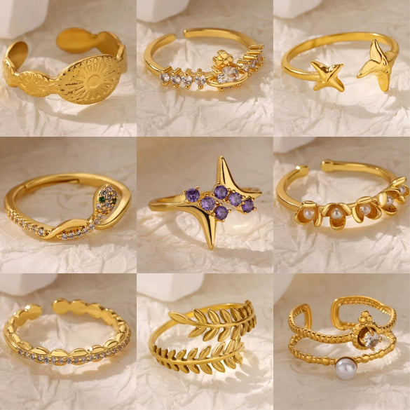 Wholesale Retro Light Luxury Open Ring With Imitation Pearls Set With Diamonds In Star Flower Leaf And Snake Design